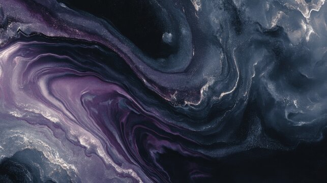 Luxurious cosmic marble pattern blending obsidian black, dark purple, and subtle silver highlights, fluid celestial flow, premium texture with upper