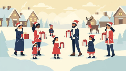 A heartwarming flat design illustration depicting a diverse group of people exchanging beautifully wrapped prize boxes in a cozy, snow-covered winter village. 