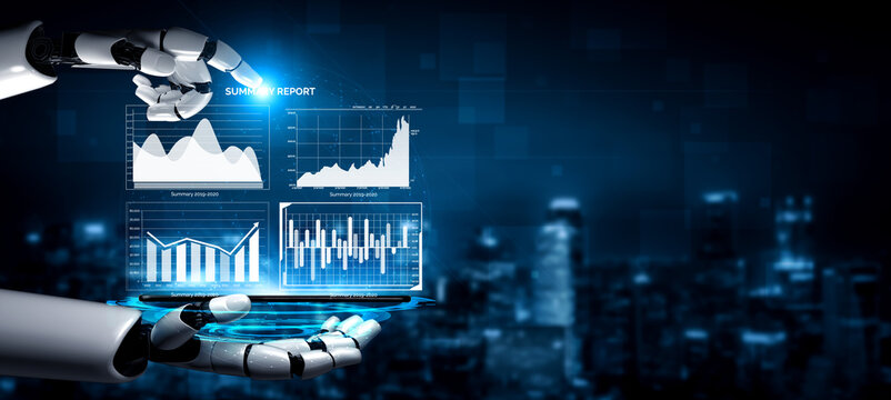 A captivating image of a robotic hand interacting with virtual graphs and charts, showcasing the integration of technology in data analysis and business intelligence. Impute - Powered by Adobe