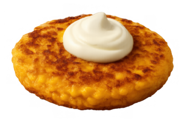Fried corn fritter or pancake topped with sour cream, crisp golden brown patty isolated on transparent background