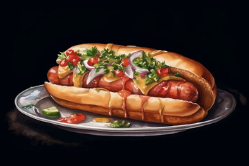Hot Dog Sandwich Vector Illustration Tasty Fast Food with Sausage, Mustard, Vegetables and Sauce on Black Background