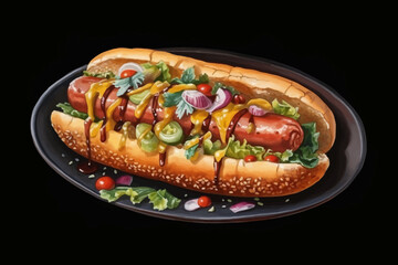 Hot Dog Sandwich Vector Illustration Tasty Fast Food with Sausage, Mustard, Vegetables and Sauce on Black Background