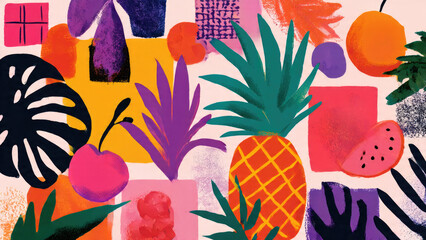 Vibrant abstract illustration with tropical fruits (pineapple, watermelon, orange) and leaves (monstera), featuring bold colors and textured brushstrokes on a light background.