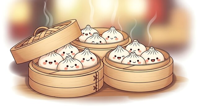Delightful steamed buns with happy faces in traditional bamboo steamers, a charming cartoon illustration of hot, delicious Asian dim sum cuisine
