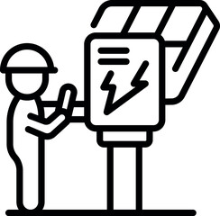 Line drawing of an electrical engineer working on a transformer box, performing maintenance or repair