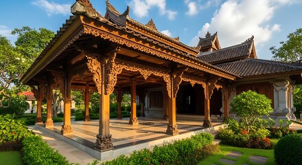 Obraz premium Ornate Thai Pavilion Amidst Lush Greenery A Serene Architectural Gem