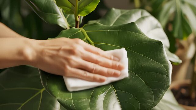 Hand Wipes Dust Off Fiddle Leaf Fig Plant for Houseplant Care