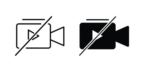 Video recording icons showing off and on states with play button. disabled video call, meeting, or conference vector illustration of a crossed out camera.