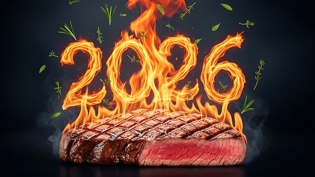 Hot and sizzling grilled beef steak with fiery numbers 2026 and herbs for a festive New Year's celebration