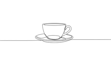 One continuous line art drawing of a teacup on a saucer, minimalist single line illustration, artistic and elegant design