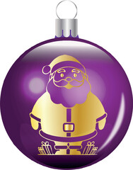 Vibrant Purple Glass Christmas Ball Ornament with Elegant Golden SantaPattern Isolated on a White Background for Holiday Decor and Festive Design