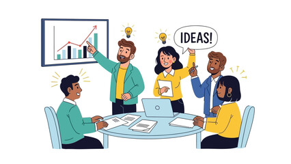 Business meeting where team brainstorms innovative ideas, discusses strategy and achieves goals