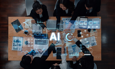 A futuristic AI dashboard for business intelligence. This platform showcases advanced data analytics, processing complex information into visual charts and graphs for strategic insights. Fermion