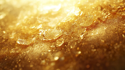 Golden light shines on sparkling water droplets creating luxurious and warm abstract background with soft bokeh and shimmering texture that evokes elegance and richness