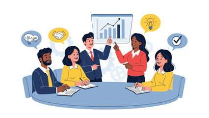 Diverse business team collaborating in a strategic meeting, brainstorming innovative ideas and analyzing a growth chart