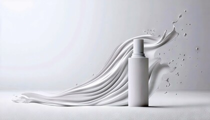 A white cosmetic bottle with a fluid splash against a white background, creating a clean and elegant product presentation.