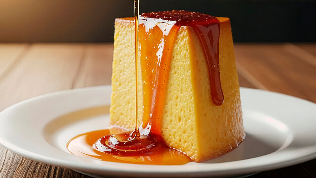 Close-Up of Flan Slice with Caramel Sauce Drizzling on White Plate