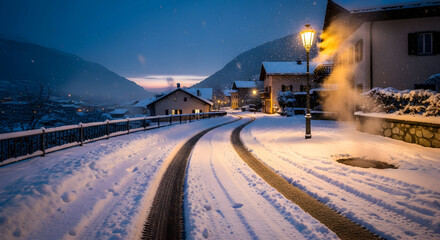Snowy village road at dusk with mountains and warm streetlight glow