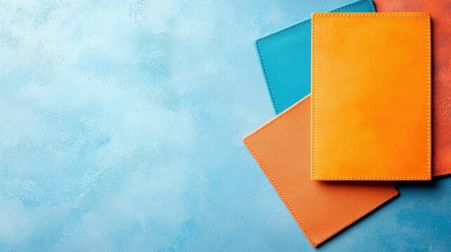 A top-down shot showcases a collection of colorful notebooks arranged on a textured blue background, with bright lighting.