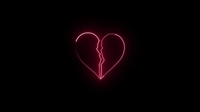 Animation icon of a broken red heart 4k abstract neon shine love icon animation. And black background.