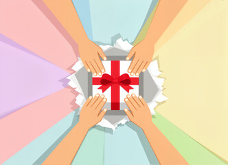 Bright and colorful hands gather around a beautifully wrapped gift, creating a joyful atmosphere of celebration and anticipation as the present is about to be unwrapped