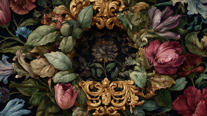 Vibrant floral arrangement on a dark background, featuring diverse blooms, lush leaves, and intricate golden baroque details. A rich, opulent design.