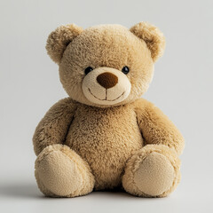 Obraz premium Soft light brown teddy bear with smiling face sitting on plain background, plush toy with round ears and black eyes, cozy and cute stuffed animal for children