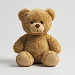 Obraz premium Soft brown teddy bear plush toy with round ears and smiling face sitting on plain light background, evoking warmth and comfort for children and collectors