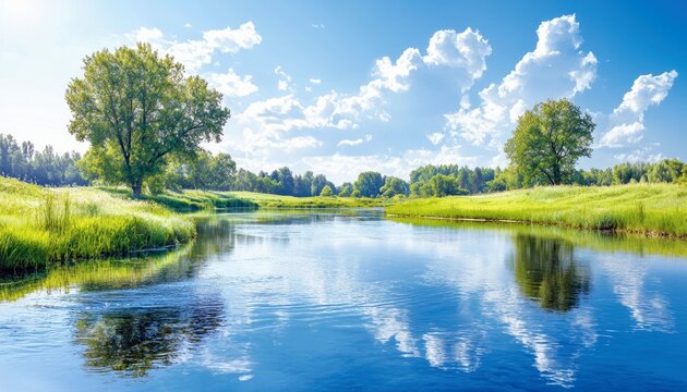 A scenic landscape featuring a river, trees, and grassy banks under a blue sky with fluffy clouds. The water reflects the sky and clouds.