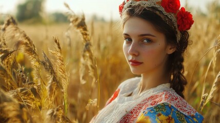 Slavic woman with red flower crown standing in traditional attire in a golden field. Portrait of a young 20s lady in a rural harvest setting. Beautiful pretty girl wear tradition clothing.
