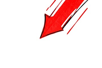 Bold red arrow pointing down with dynamic lines, indicating trend direction or urgent message, perfect for marketing promotions or website callouts