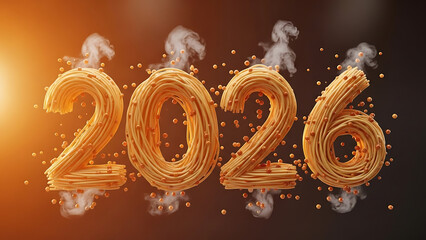 Happy New Year 2026 stylized text with pasta and smoke effects
