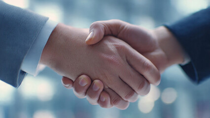 A firm handshake between two business professionals, symbolizing partnership, agreement, trust, and successful collaboration in a corporate setting.