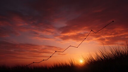 A rising line graph against a vibrant dramatic sunset sky with silhouetted grass