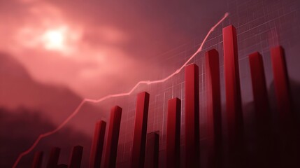 A red bar chart and line graph showing upward financial growth and market trends against a dramatic sky