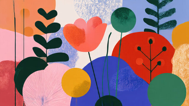 This vibrant abstract botanical illustration showcases playful overlapping shapes, rich textured colors, and organic forms, creating a cheerful modern garden scene.