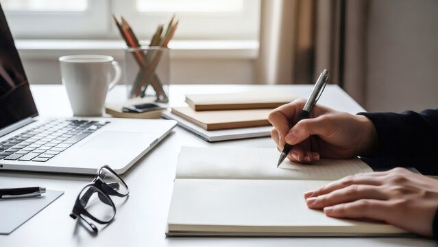 Calm home office workspace with laptop, open notebook, hand writing with pen, glasses, coffee, books, and pencils—an ideal creative productivity scene for remote work and study.