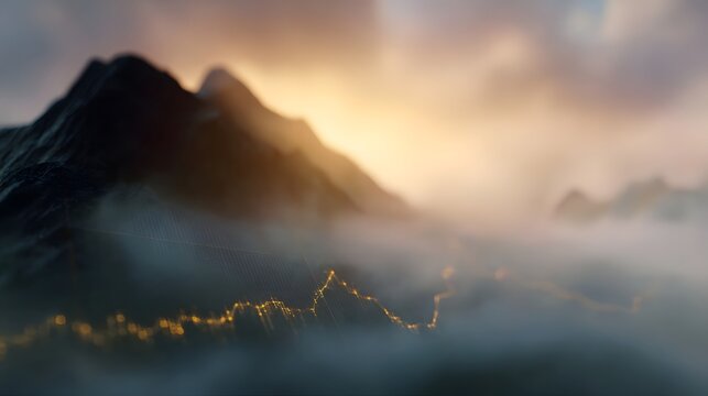 Abstract glowing data graph overlaid on a misty mountain landscape at sunrise - Powered by Adobe