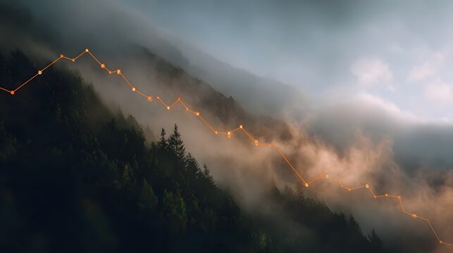 Downward trend graph overlaid on a misty mountain landscape - Powered by Adobe