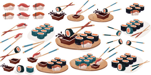 suchi set with soy sauce on the wooden plate asian cuisine