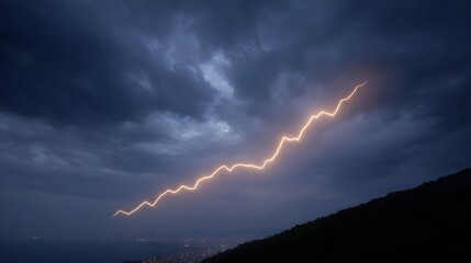 Dramatic lightning strikes across a stormy sky symbolizing energy and growth over a distant city