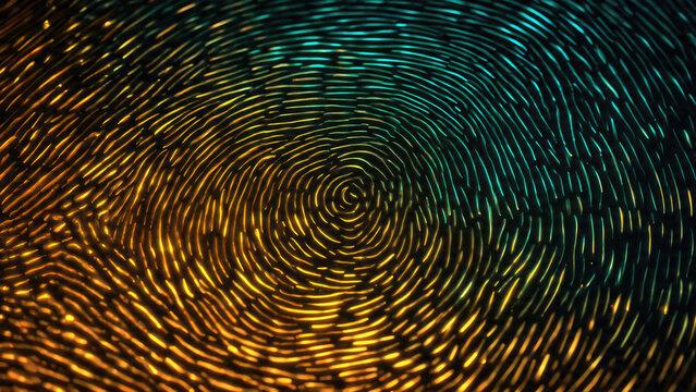 A vibrant, illuminated fingerprint pattern, transitioning from glowing orange to teal lines against a dark background, symbolizing digital identity and security.