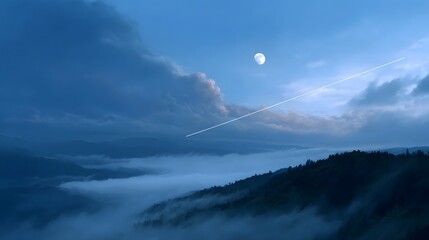 A serene mountainous landscape shrouded in mist at twilight with the moon and an airplane contrail visible in the blue sky