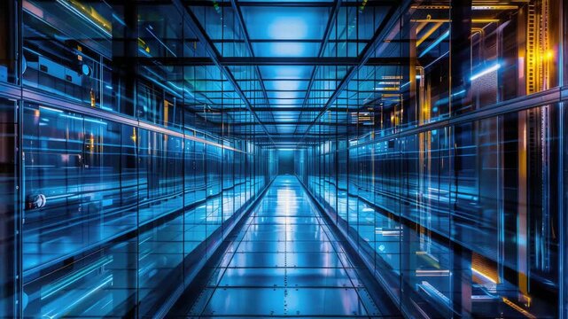 Video A long hallway with many glass surfaces and a sense of openness