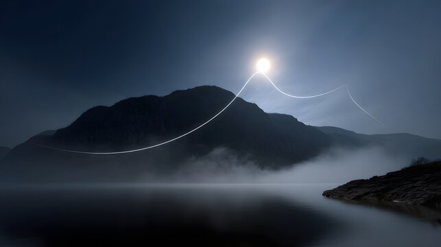 A serene nighttime mountain landscape with a glowing light trail curving over misty peaks and reflected in the calm lake