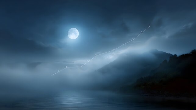 A glowing rising line graph overlays a misty moonlit mountain landscape over calm water