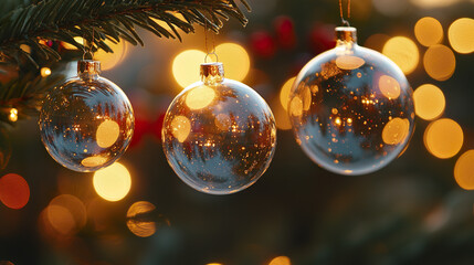 Christmas ornament glass ball decoration hanging on tree with glowing bokeh light background creating warm festive atmosphere