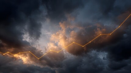 A glowing yellow line graph charting an upward trend against a dramatic backdrop of dark stormy clouds illuminated by dawn light