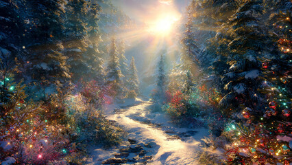 Obraz premium Hopeful magical christmas forest scene, bright sunrise sun illuminating beautiful snowy winter landscape path