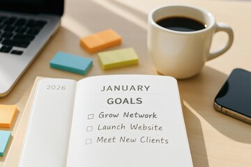 A bright desk scene featuring a January goals planner, a laptop, a coffee mug, a smartphone, and colorful sticky notes. This image highlights planning, productivity, and goal setting.